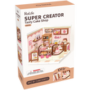 Front of package of the Robotime Tasty Cake Shop, plastic miniature house of a cute, pink cake shop