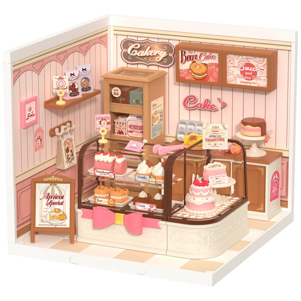 Product photo of the Robotime Tasty Cake Shop, plastic miniature house of a cute, pink cake shop