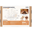 Back of package of the Robotime Seahorse Barque, black wooden sailing ship with golden details