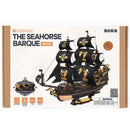 Front of package of the Robotime Seahorse Barque, black wooden sailing ship with golden details
