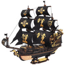 Product photo of the Robotime Seahorse Barque, black wooden sailing ship with golden details