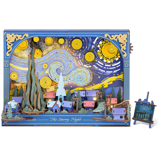 Product photo of the Robotime The Starry Night, wooden diorama construction kit of Van Gogh's Starry Night