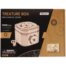 Front of package of the Robotime Treasure Box, wooden model kit of a storage box