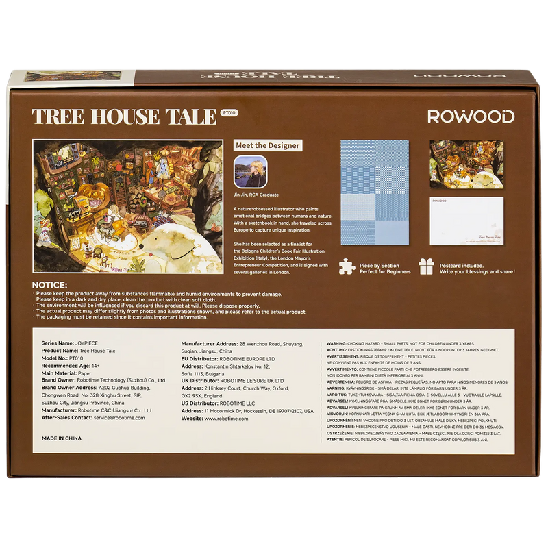 Back of package of the Robotime Tree House Tale, 1,000-piece jigsaw puzzle of the dimly lit interior of a tree house, filled with books and decorations