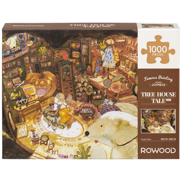 Front of package of the Robotime Tree House Tale, 1,000-piece jigsaw puzzle of the dimly lit interior of a tree house, filled with books and decorations