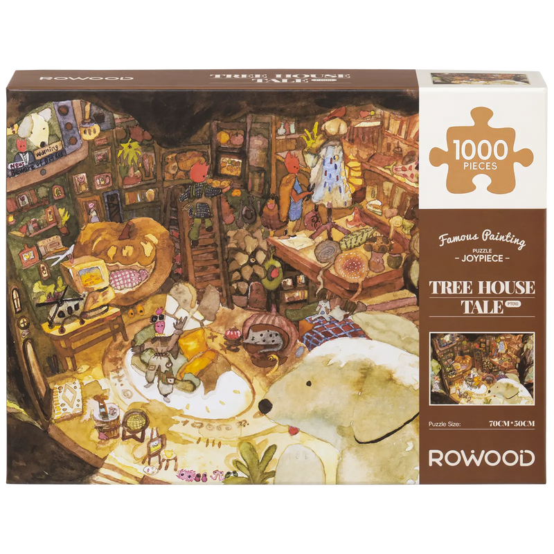 Front of package of the Robotime Tree House Tale, 1,000-piece jigsaw puzzle of the dimly lit interior of a tree house, filled with books and decorations