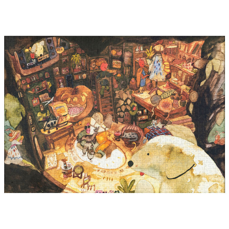 Product photo of the Robotime Tree House Tale, 1,000-piece jigsaw puzzle of the dimly lit interior of a tree house, filled with books and decorations