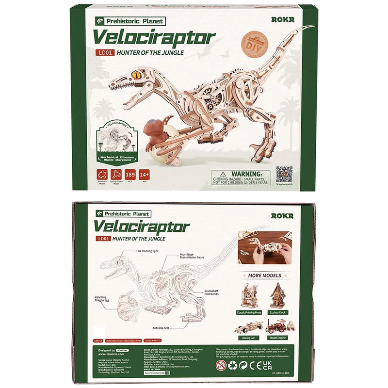 Front and back of package of the Robotime Velociraptor, wooden construction set of a walking dinosaur