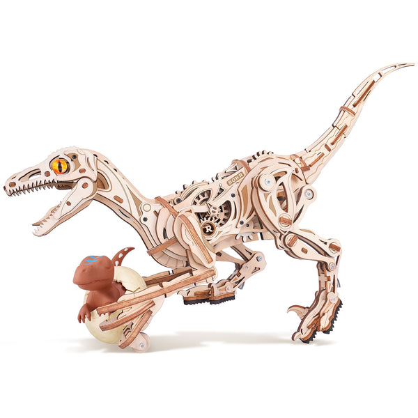 Product photo of the Robotime Velociraptor, wooden construction set of a walking dinosaur