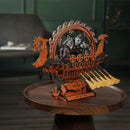 Atmospheric presentation of the Robotime Viking Dragon Ship, wooden construction set of a Viking ship with moving oars and an illuminated wheel on the deck