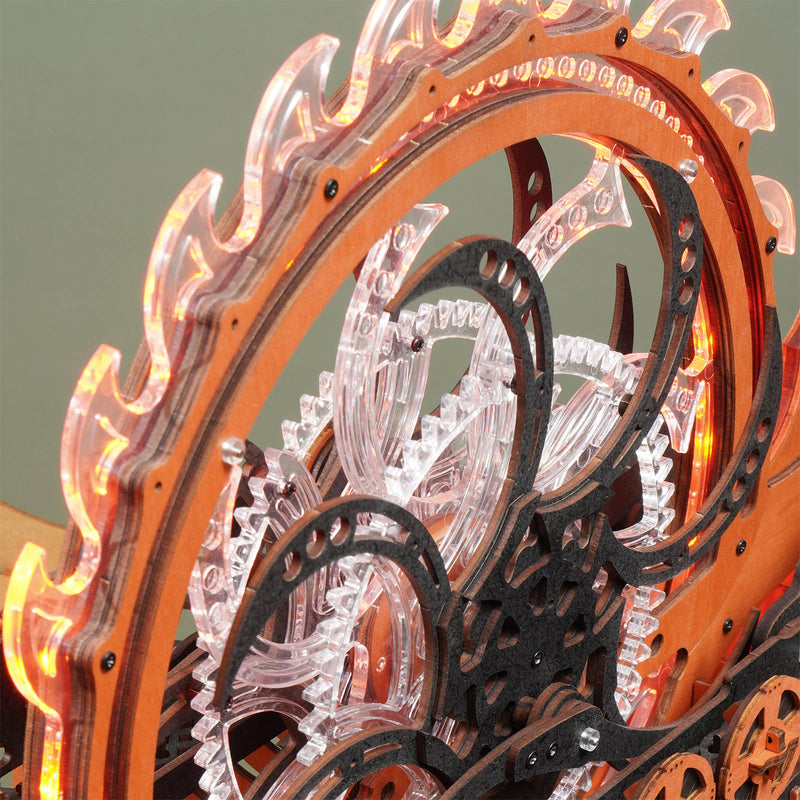 The spinning, illuminated wheel on the deck of the Robotime Viking Dragon Ship