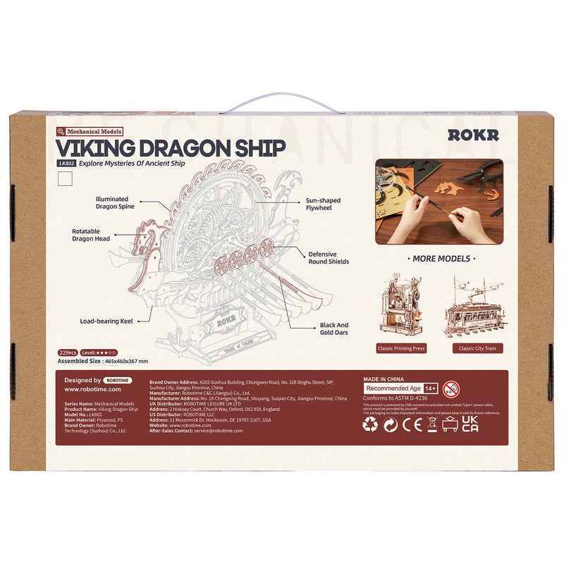 Back of package of the Robotime Viking Dragon Ship, wooden construction set of a Viking ship with moving oars and an illuminated wheel on the deck