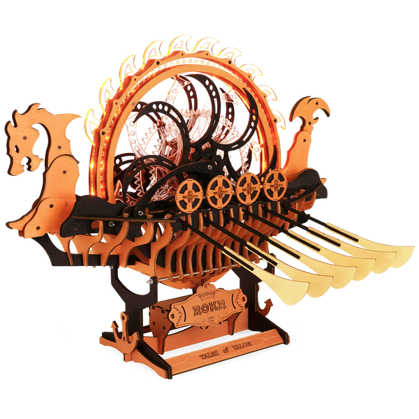 Product photo of the Robotime Viking Dragon Ship, wooden construction set of a Viking ship with moving oars and an illuminated wheel on the deck