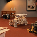 Atmospheric presentation of the Robotime Vintage Classic Car, wooden model kit of an iconic old-timer car