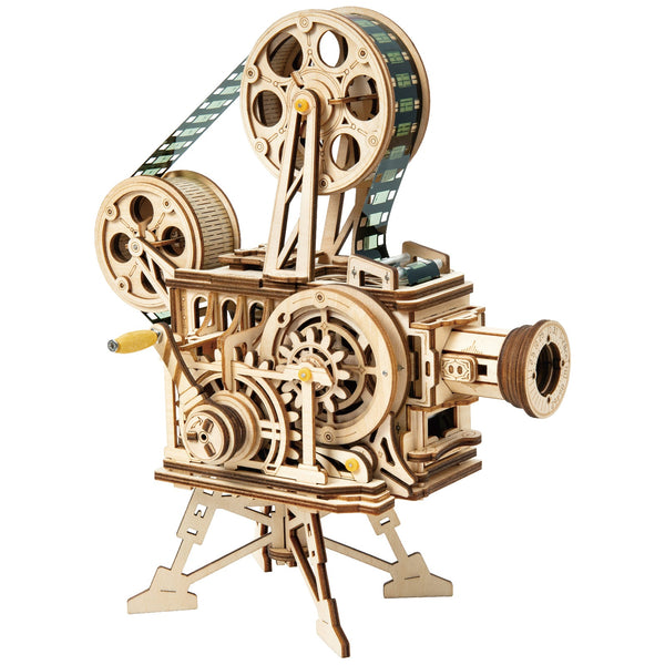 Product photo of the Robotime Vitascope, wooden construction set of a functional film projector