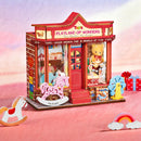 Atmospheric presentation of the Robotime Whimsy Toy Shop, construction kit for a miniature toy store with old-fashioned toys