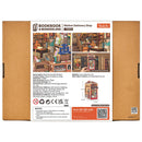 Back of package of the Robotime Wisdom Stationery Shop, DIY kit for a book nook in the style of an old-fashioned stationery shop