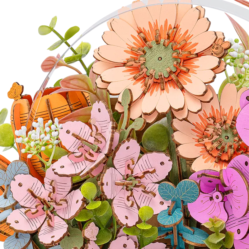 Close-up of the tulips, gerberas, sakura, and orchids in the Robotime Wooden Blooming Book