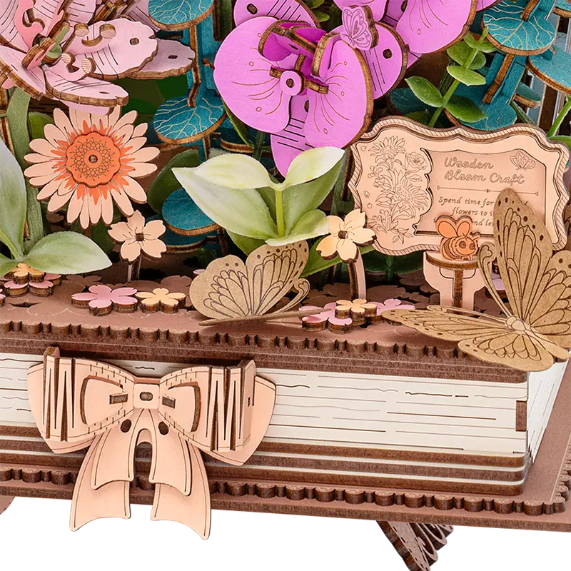 Close-up of the book in the Robotime Wooden Blooming Book