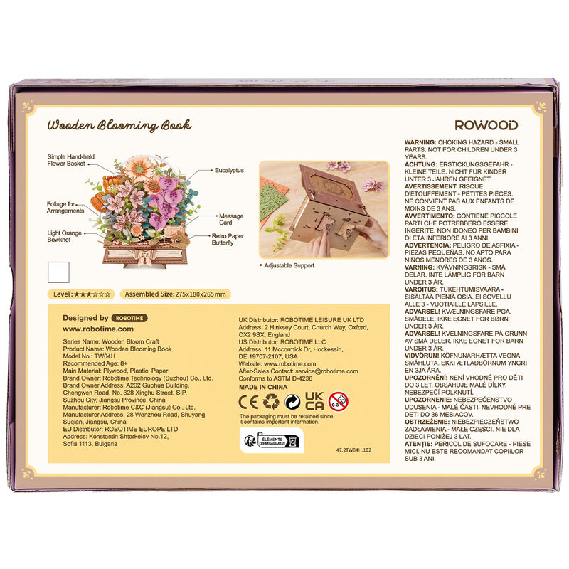 Back of package of the Robotime Wooden Blooming Book, wooden construction kit of a bouquet of flowers on a closed book