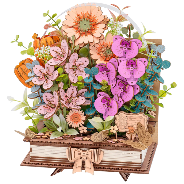 Product photo of the Robotime Wooden Blooming Book, wooden construction kit of a bouquet of flowers on a closed book