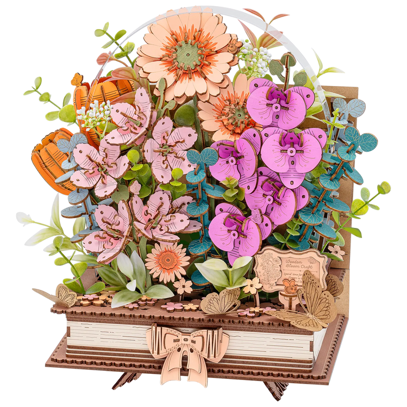 Product photo of the Robotime Wooden Blooming Book, wooden construction kit of a bouquet of flowers on a closed book
