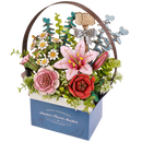 Product photo of the Robotime Wooden Flower Basket with a blue basket