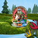 Atmospheric presentation of the Rolife Moomintroll Forest Camp, construction kit for a Moomin miniature showing Moomintroll fishing peacefully