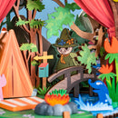 Snufkin in the forest in the background of the Rolife Moomintroll Forest Camp