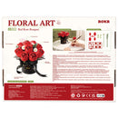 Back of package of the Rolife Red Rose Bouquet, plastic model kit of a bouquet of red roses and white daisies in a black vase with a black ribbon around it