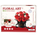 Front of package of the Rolife Red Rose Bouquet, plastic model kit of a bouquet of red roses and white daisies in a black vase with a black ribbon around it